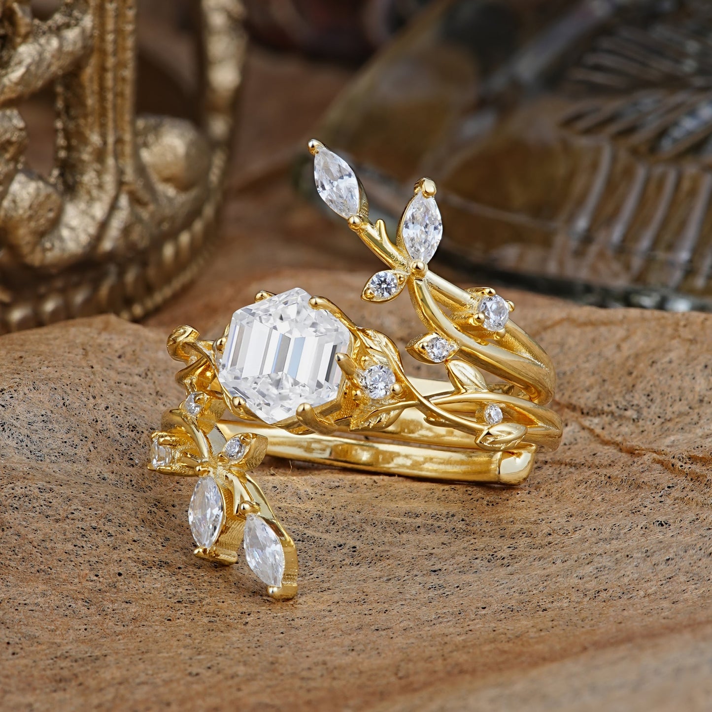 Nature-Inspired Luxury Hexagonal-Cut Lab Diamond Bridal Ring Set