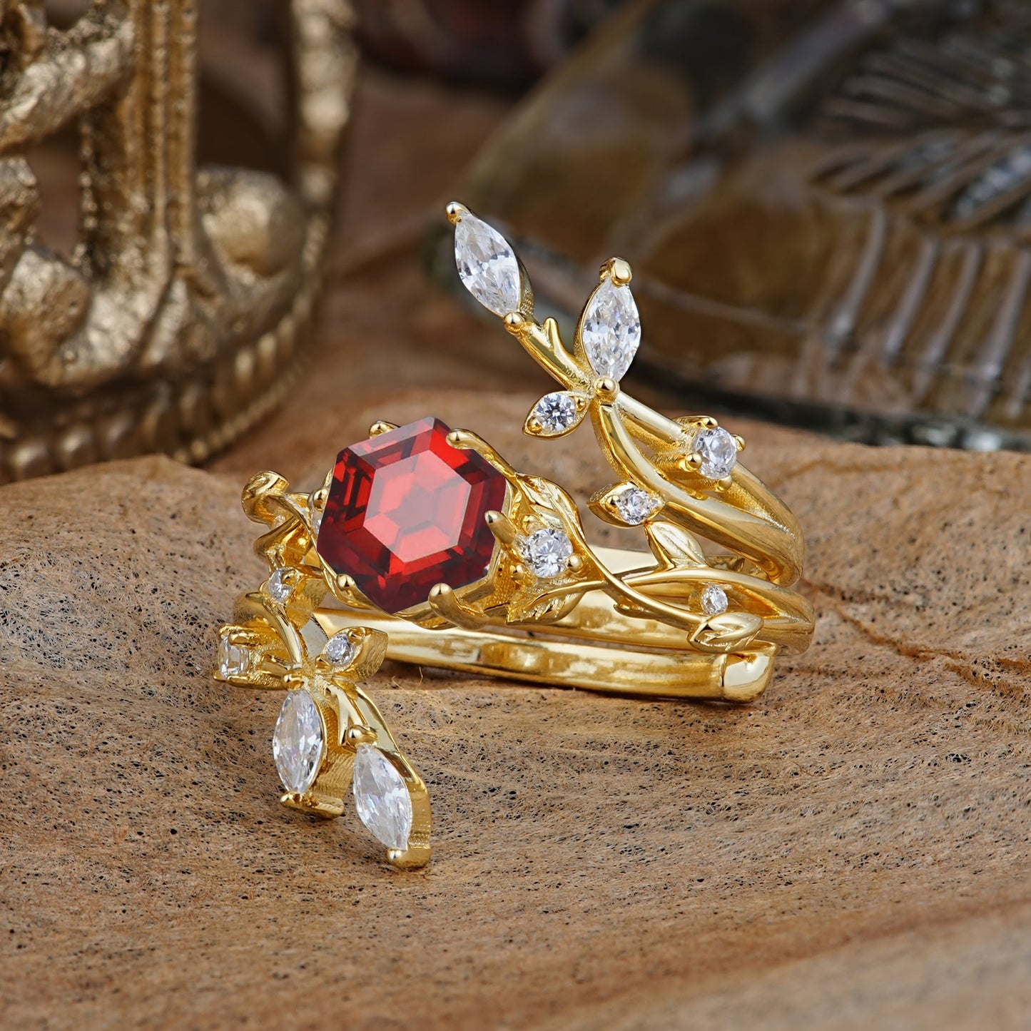 Nature-Inspired Luxury Hexagonal-Cut Garnet Bridal Ring Set
