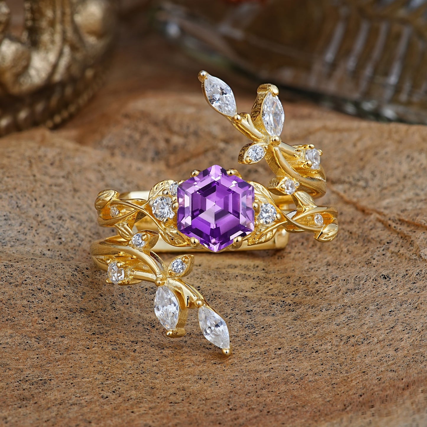 Nature-Inspired Luxury Hexagonal-Cut Amethyst Bridal Ring Set