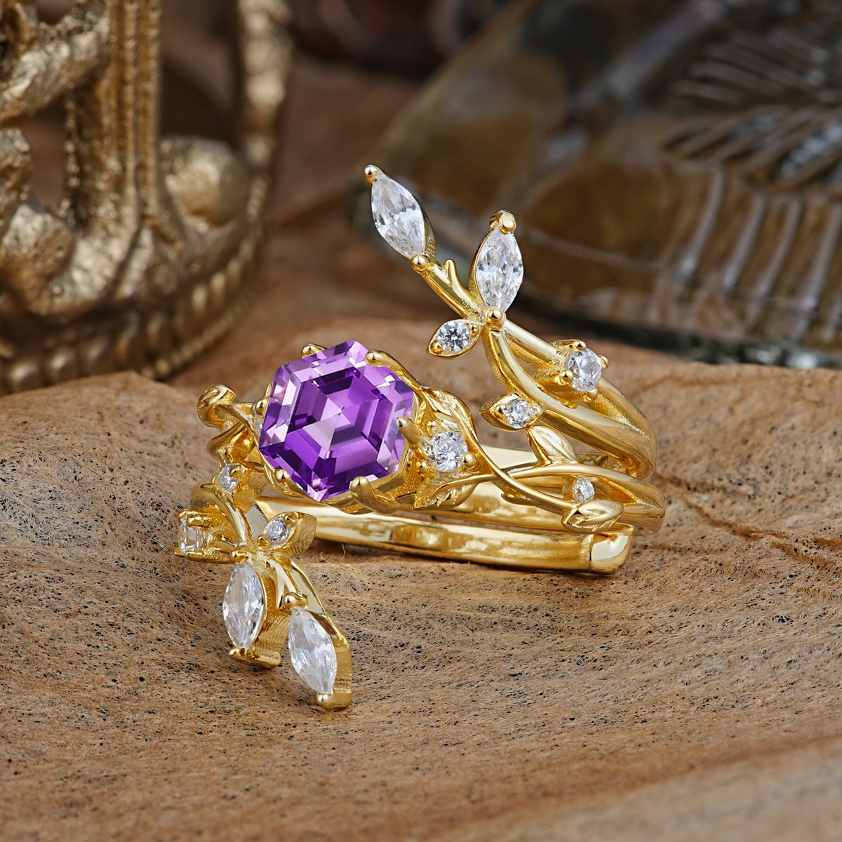 Nature-Inspired Luxury Hexagonal-Cut Amethyst Bridal Ring Set