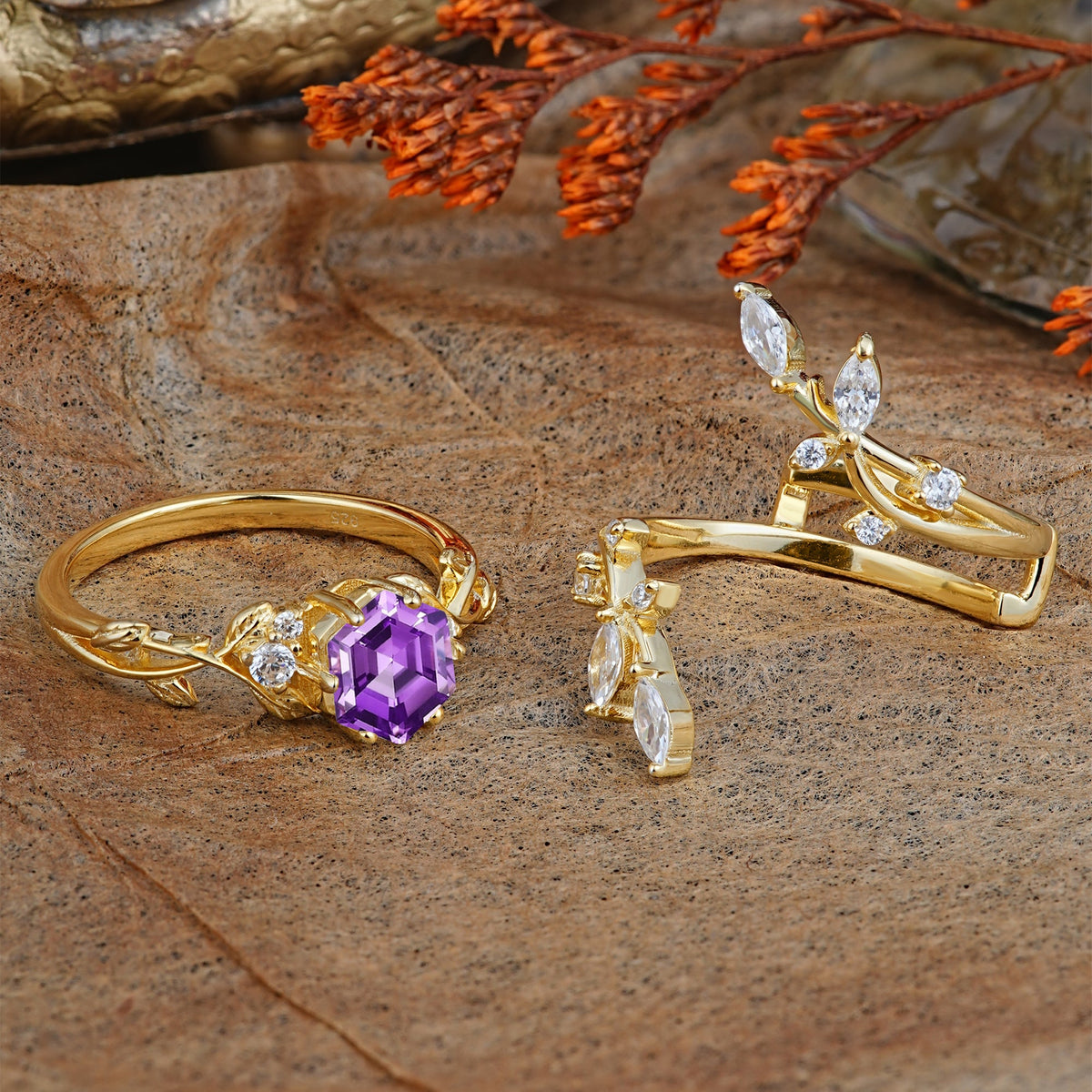 Nature-Inspired Luxury Hexagonal-Cut Amethyst Bridal Ring Set