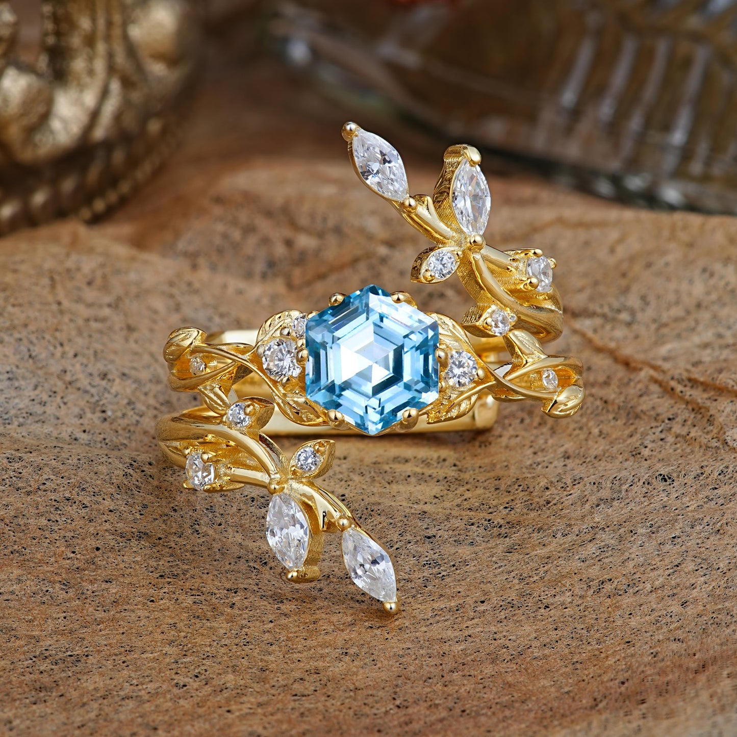 Nature-Inspired Luxury Hexagonal-Cut Aquamarine Bridal Ring Set