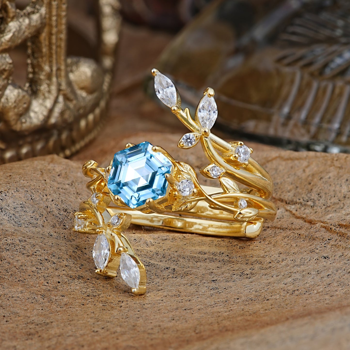 Nature-Inspired Luxury Hexagonal-Cut Aquamarine Bridal Ring Set