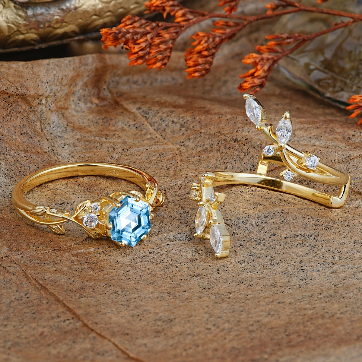 Nature-Inspired Luxury Hexagonal-Cut Aquamarine Bridal Ring Set