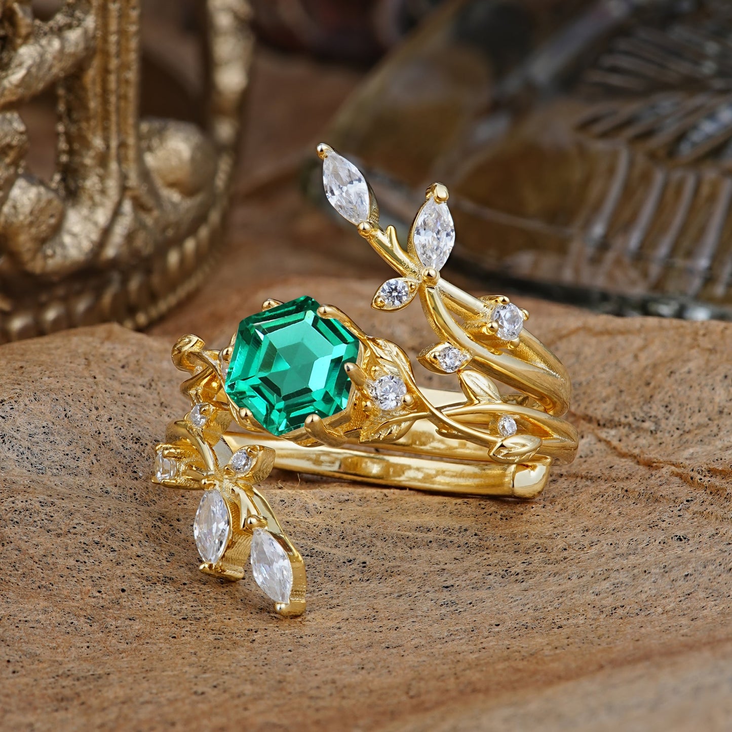 Nature-Inspired Luxury Hexagonal-Cut Emerald Bridal Ring Set