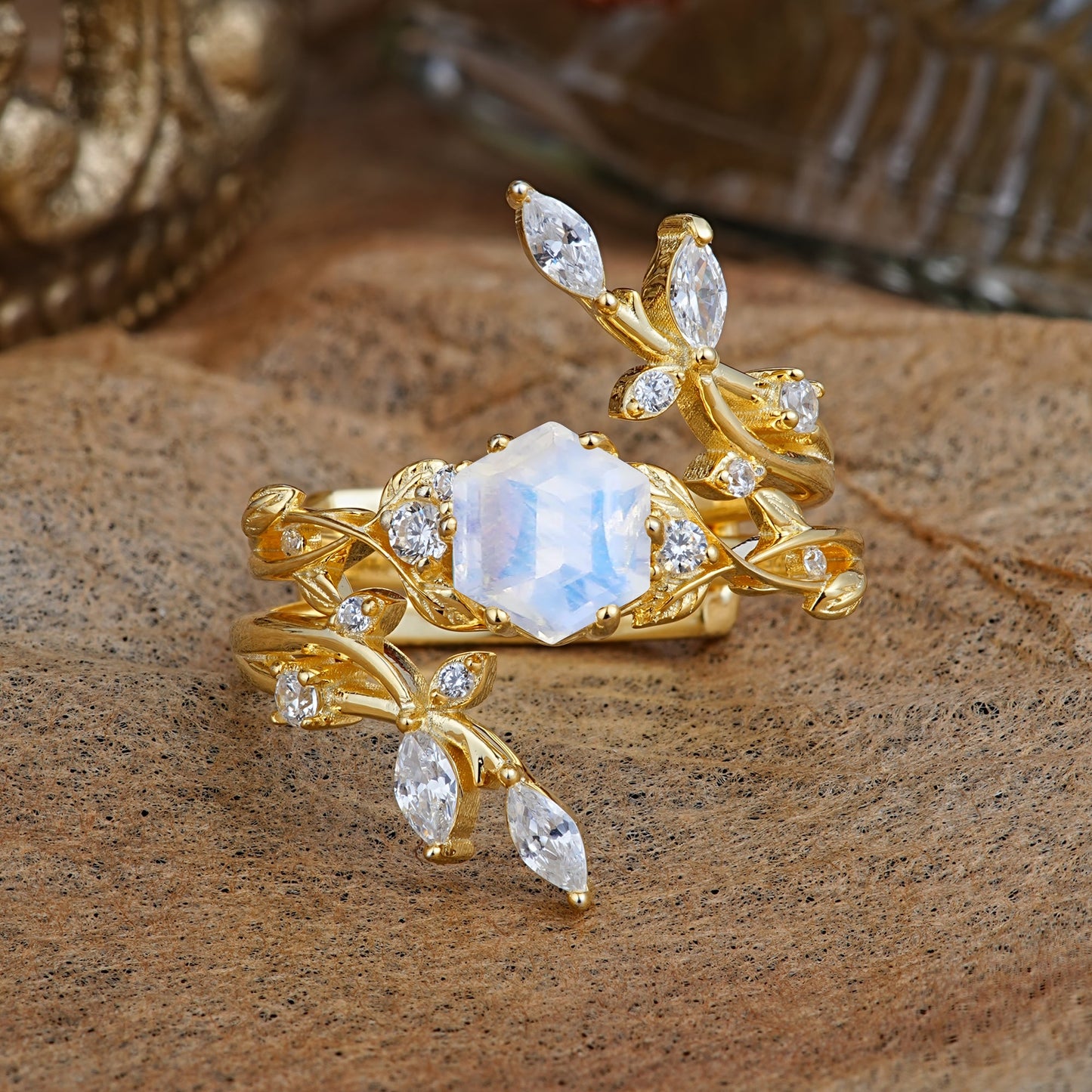 Nature-Inspired Luxury Hexagonal-Cut Moonstone Bridal Ring Set