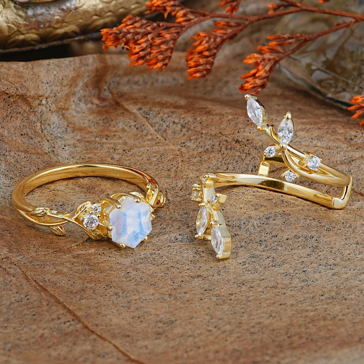 Nature-Inspired Luxury Hexagonal-Cut Moonstone Bridal Ring Set