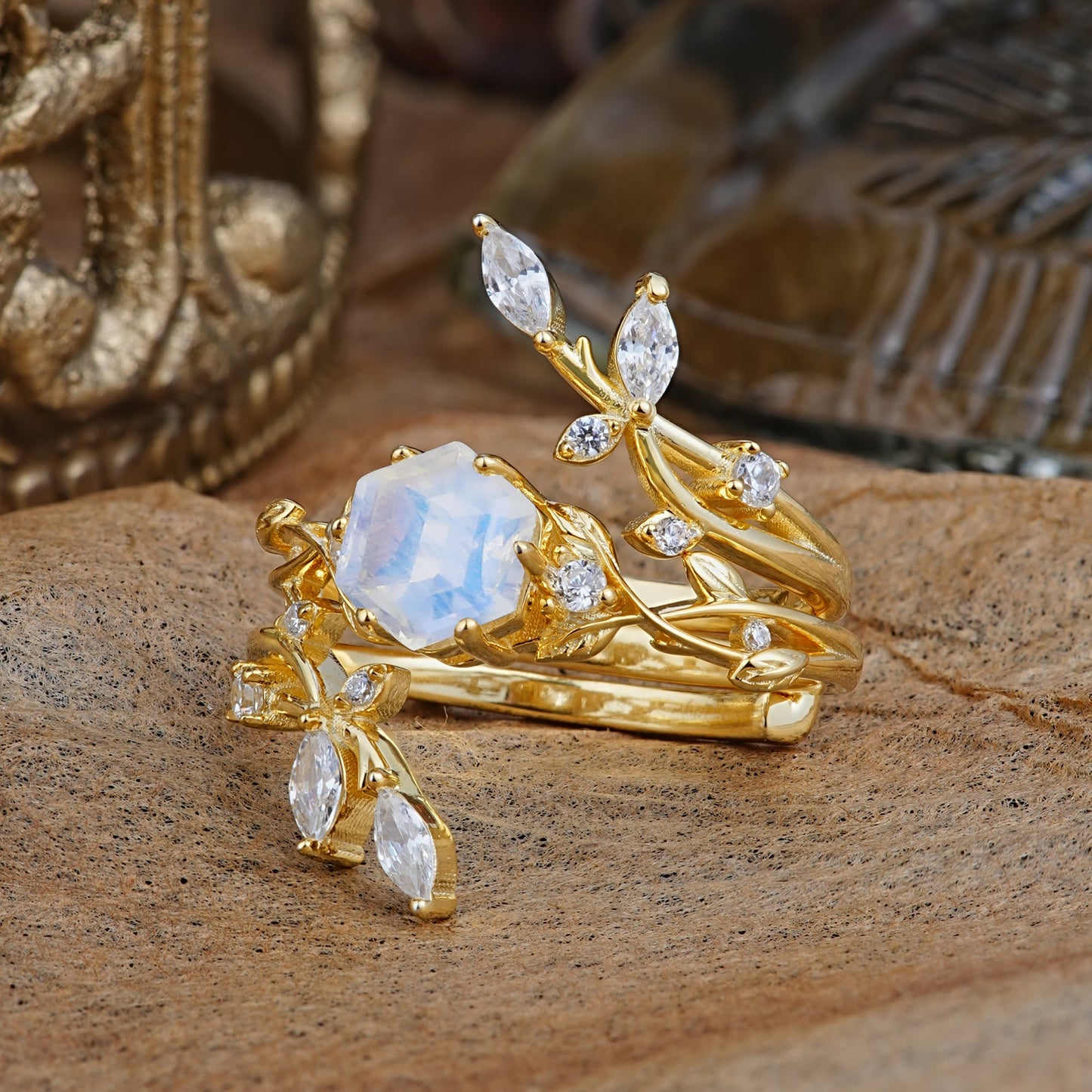 Nature-Inspired Luxury Hexagonal-Cut Moonstone Bridal Ring Set