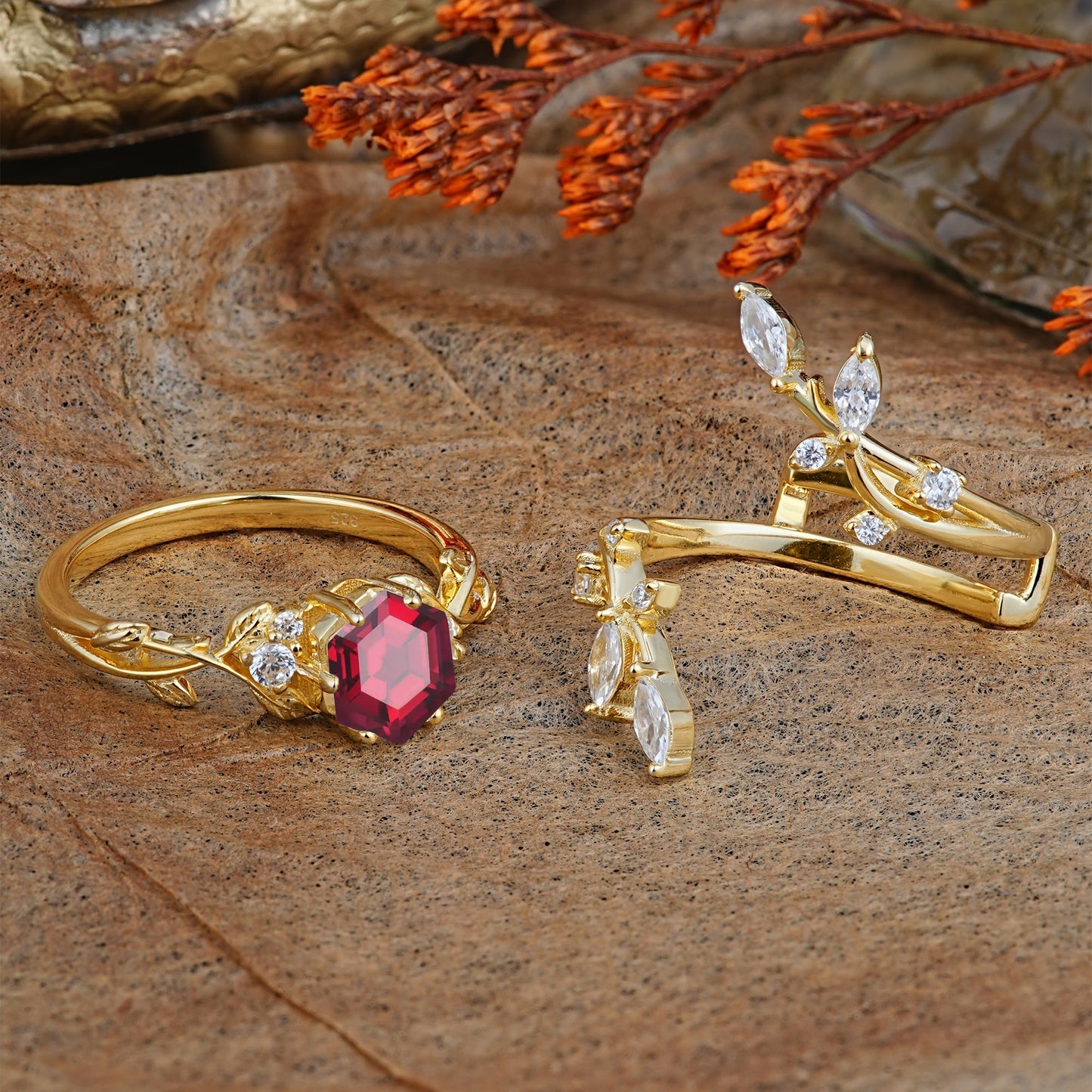 Nature-Inspired Luxury Hexagonal-Cut Ruby Bridal Ring Set