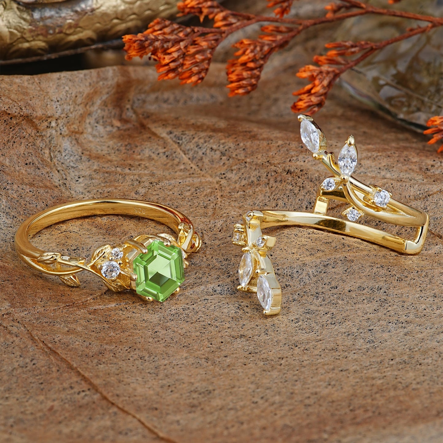 Nature-Inspired Luxury Hexagonal-Cut Peridot Bridal Ring Set