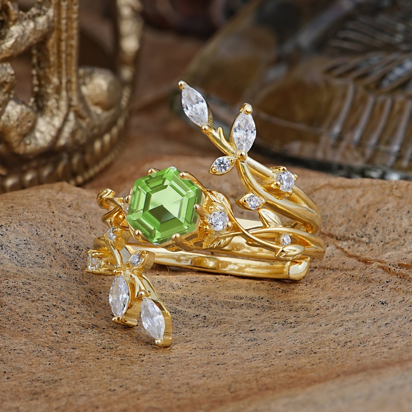 Nature-Inspired Luxury Hexagonal-Cut Peridot Bridal Ring Set
