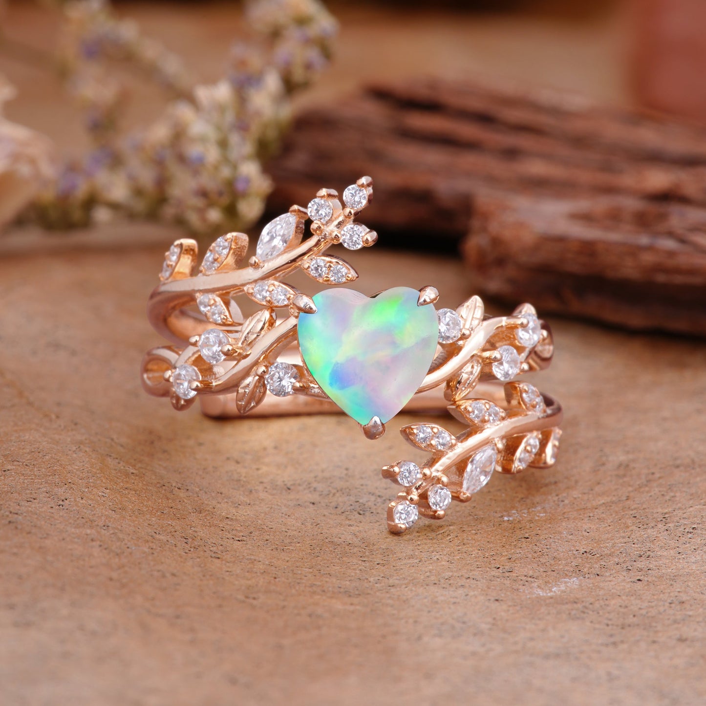 Elegant Heart-Shaped Nature Inspired Opal Ring – Perfect for Bridal Ring Set