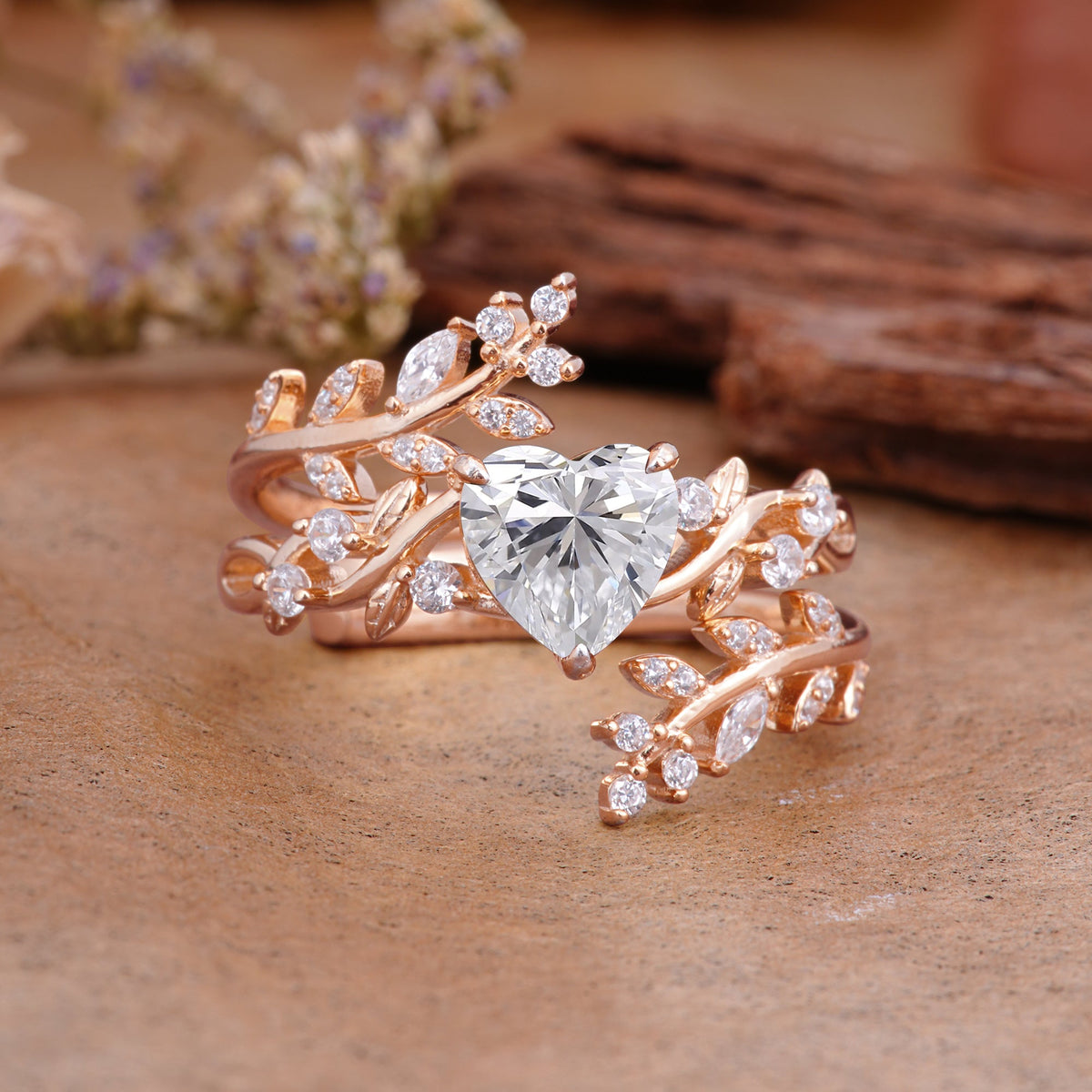 Elegant Heart-Shaped Nature Inspired Lab Diamond Ring – Perfect for Bridal Ring Set