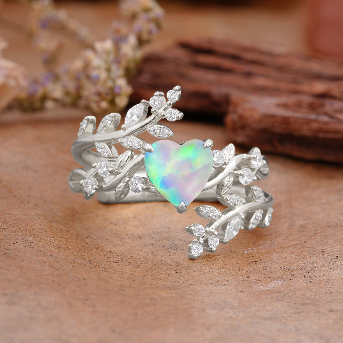 Elegant Heart-Shaped Nature Inspired Opal Ring – Perfect for Bridal Ring Set