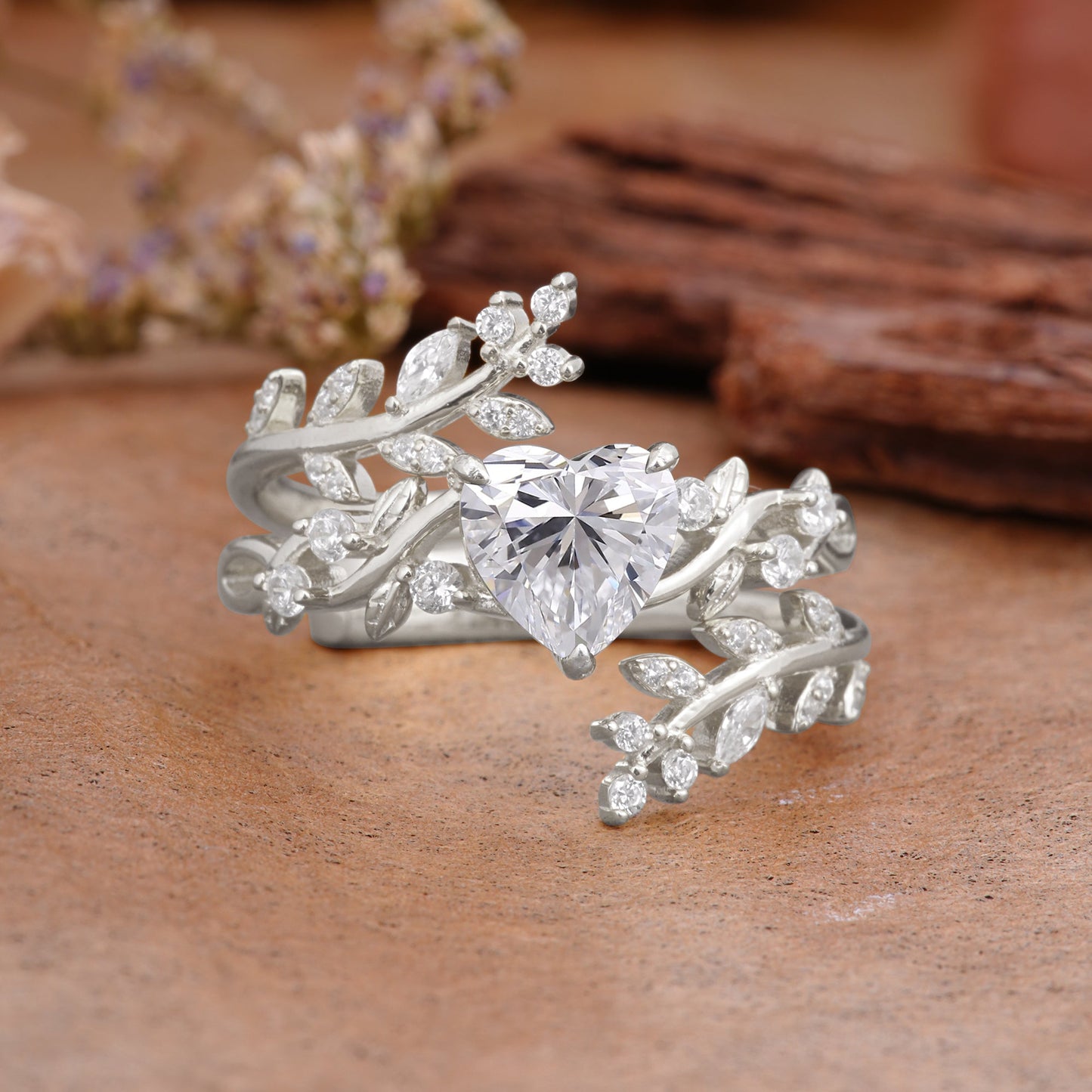 Elegant Heart-Shaped Nature Inspired Lab Diamond Ring – Perfect for Bridal Ring Set