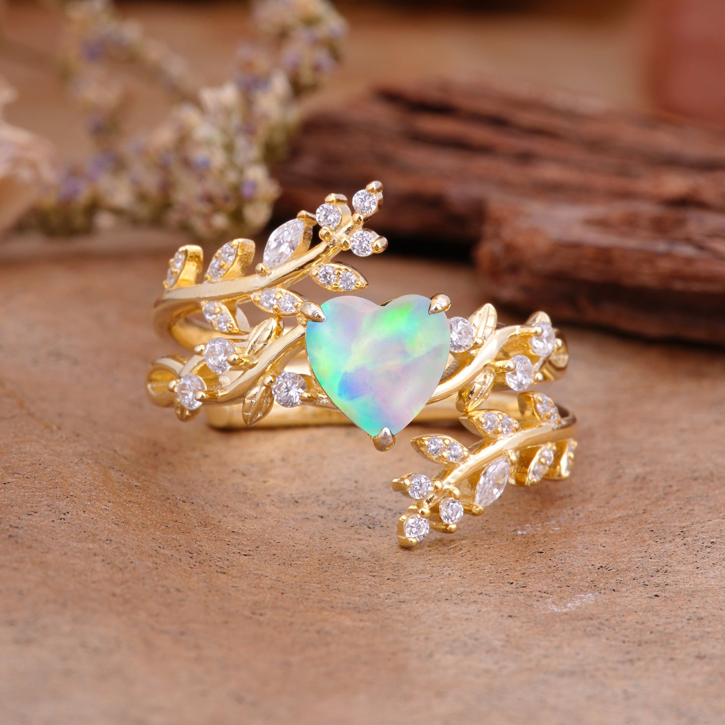 Elegant Heart-Shaped Nature Inspired Opal Ring – Perfect for Bridal Ring Set