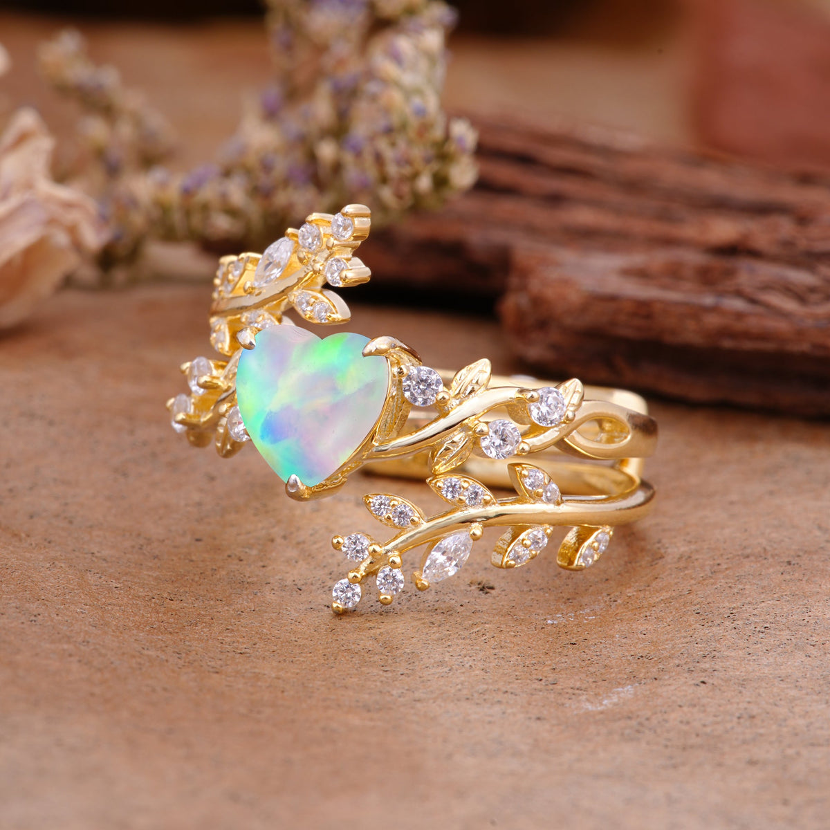 Elegant Heart-Shaped Nature Inspired Opal Ring – Perfect for Bridal Ring Set