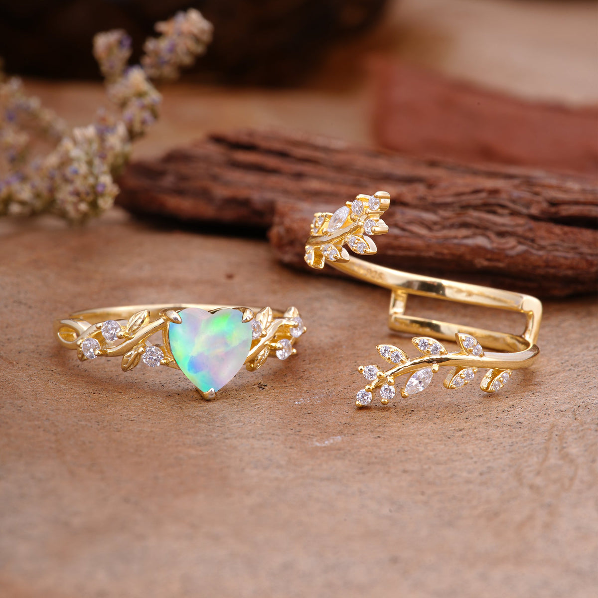 Elegant Heart-Shaped Nature Inspired Opal Ring – Perfect for Bridal Ring Set