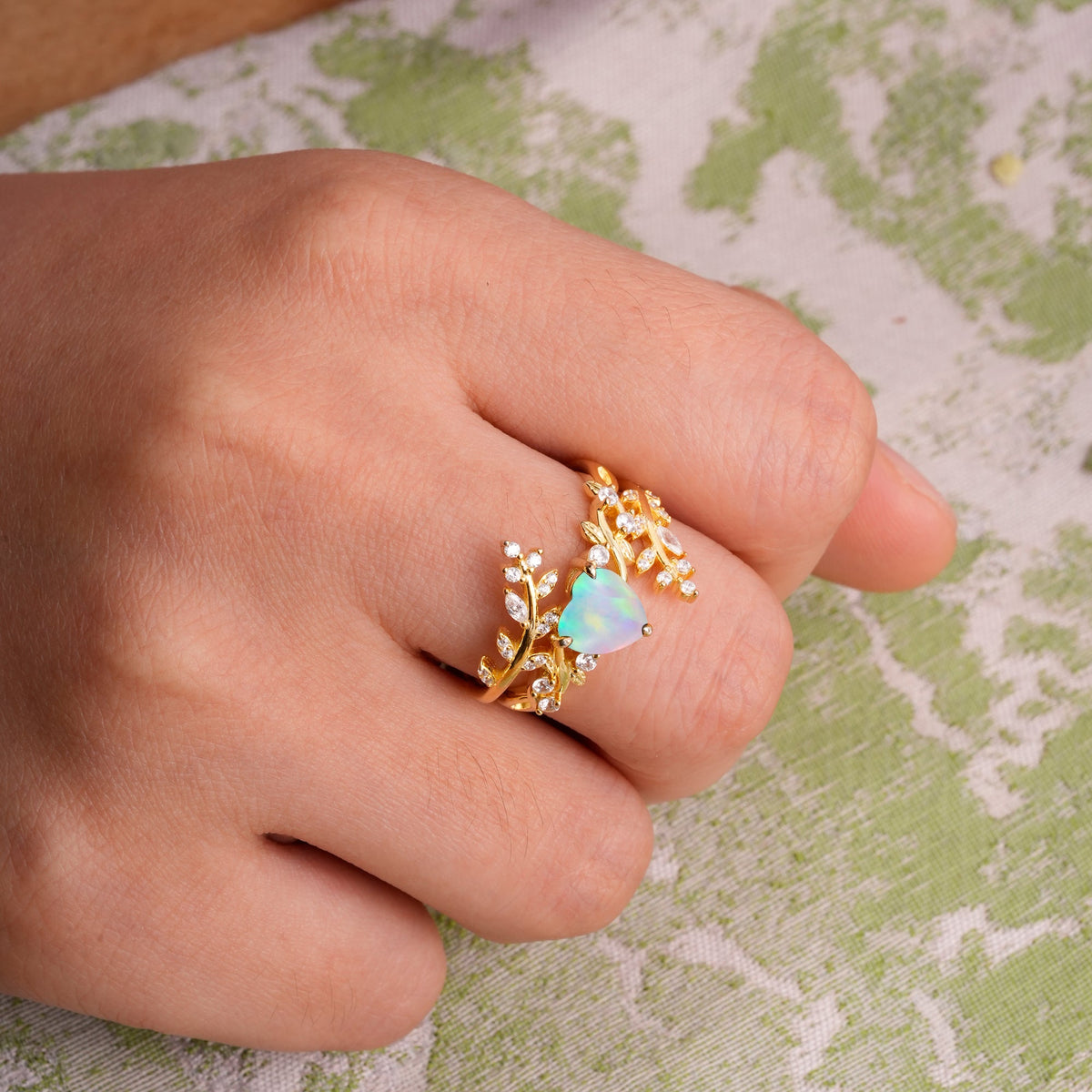 Elegant Heart-Shaped Nature Inspired Opal Ring – Perfect for Bridal Ring Set