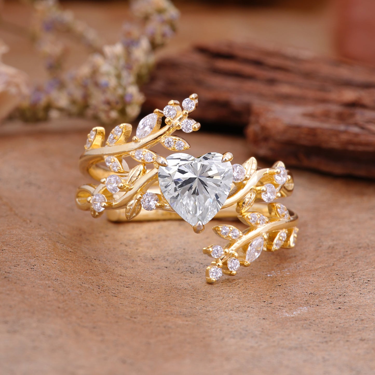 Elegant Heart-Shaped Nature Inspired Lab Diamond Ring – Perfect for Bridal Ring Set