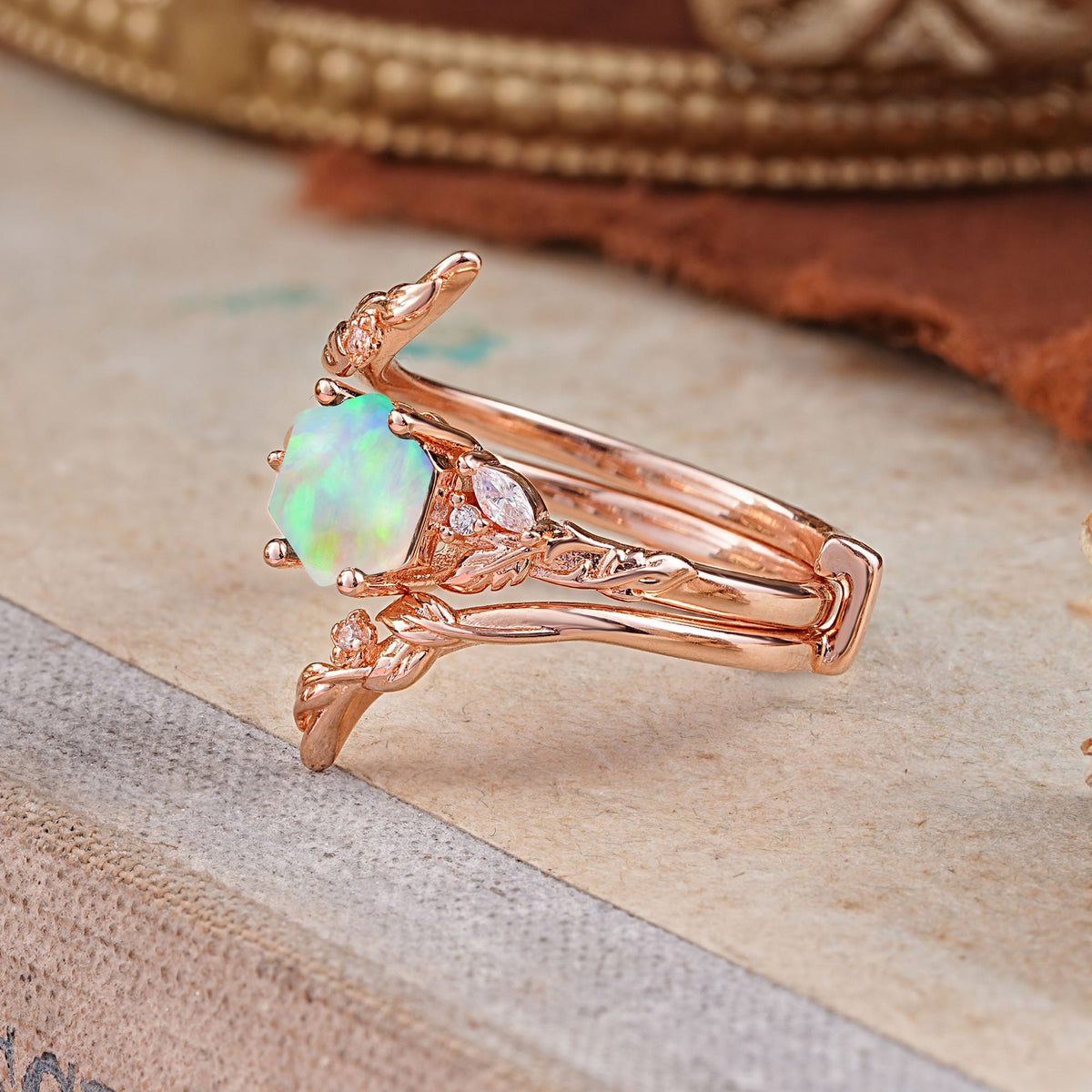 Botanical Hexagon Opal Bridal Ring Set