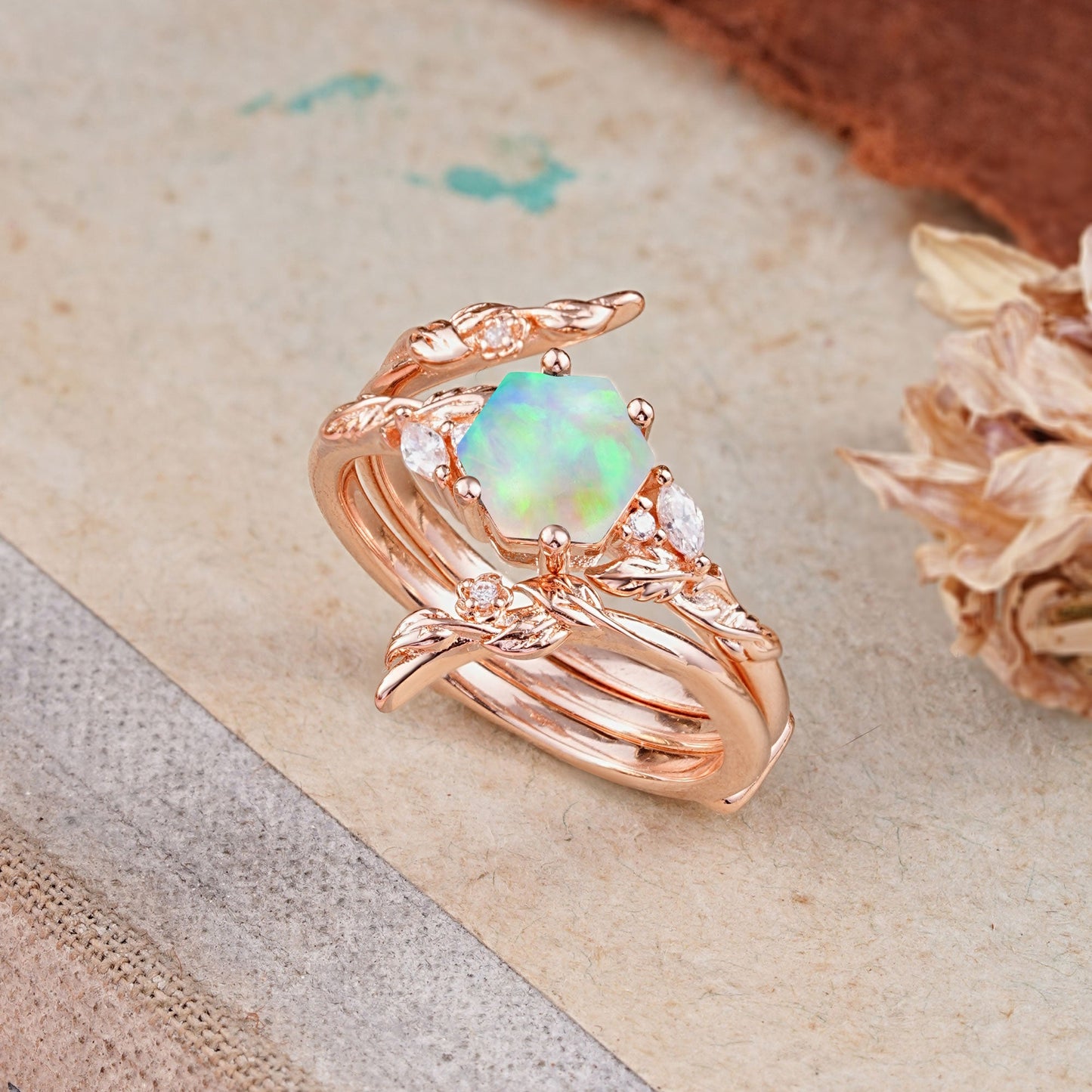 Botanical Hexagon Opal Bridal Ring Set