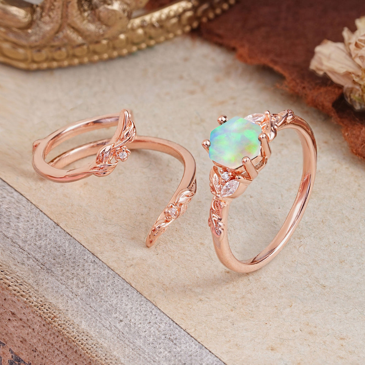 Botanical Hexagon Opal Bridal Ring Set
