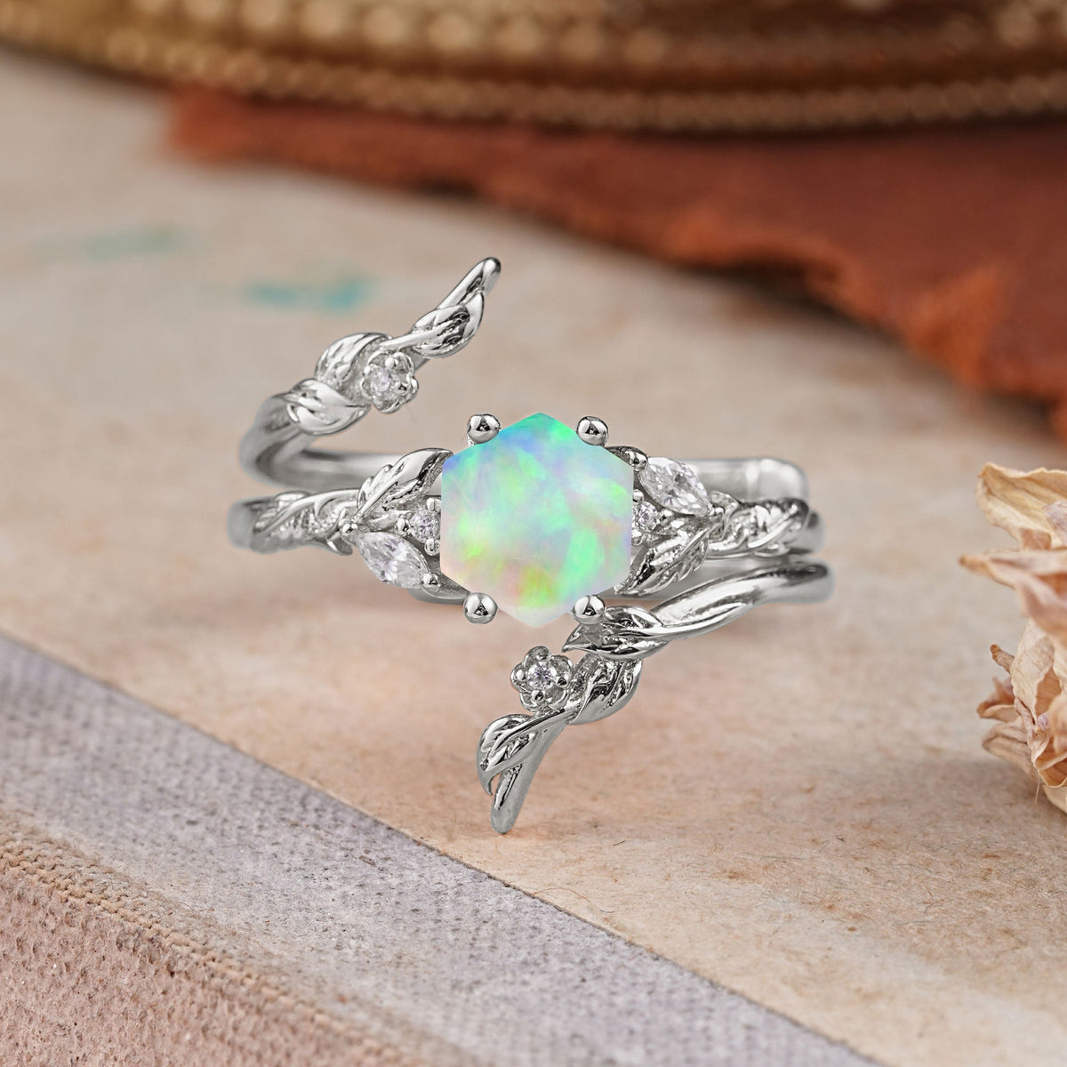 Botanical Hexagon Opal Bridal Ring Set