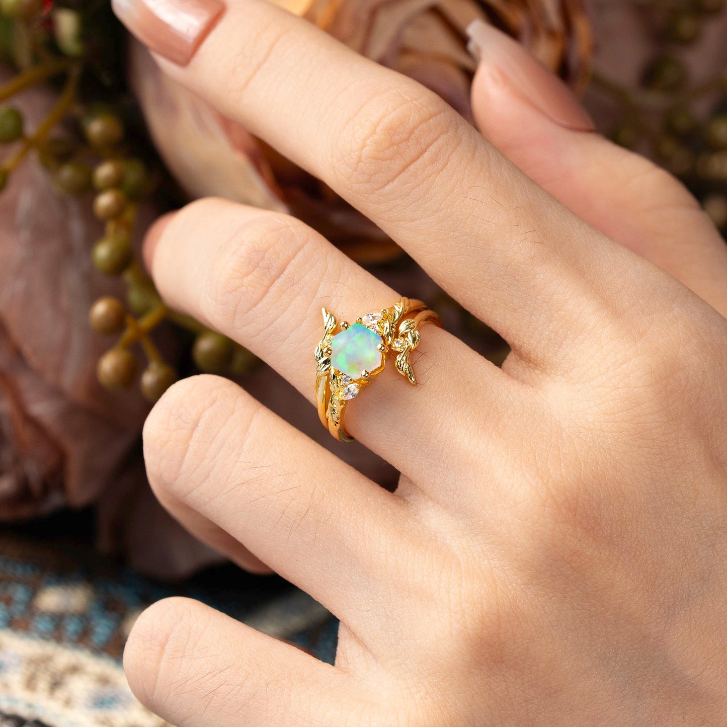 Botanical Hexagon Opal Bridal Ring Set