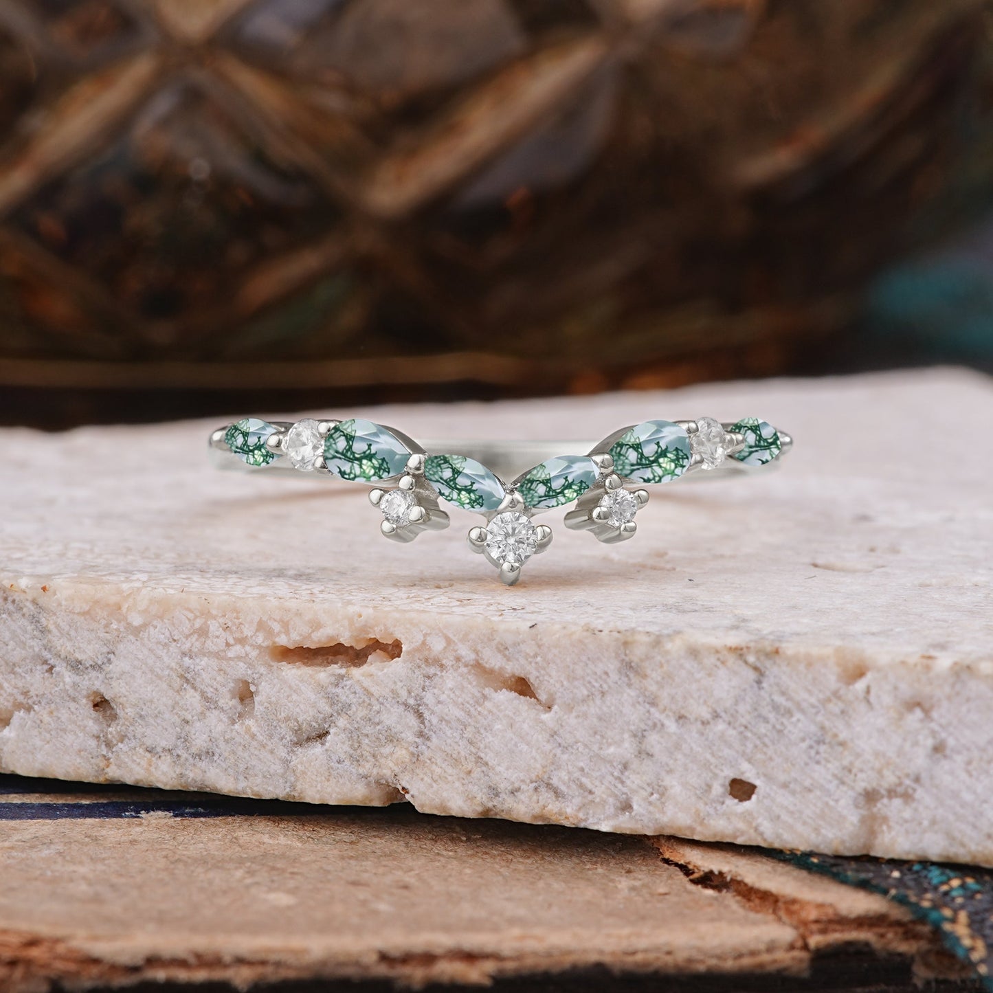 Luxurious Marquise Cut Moss Agate Curved Wedding Ring
