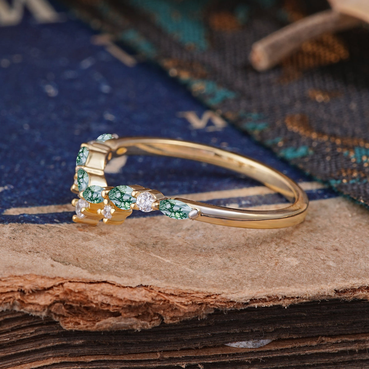 Luxurious Marquise Cut Moss Agate Curved Wedding Ring