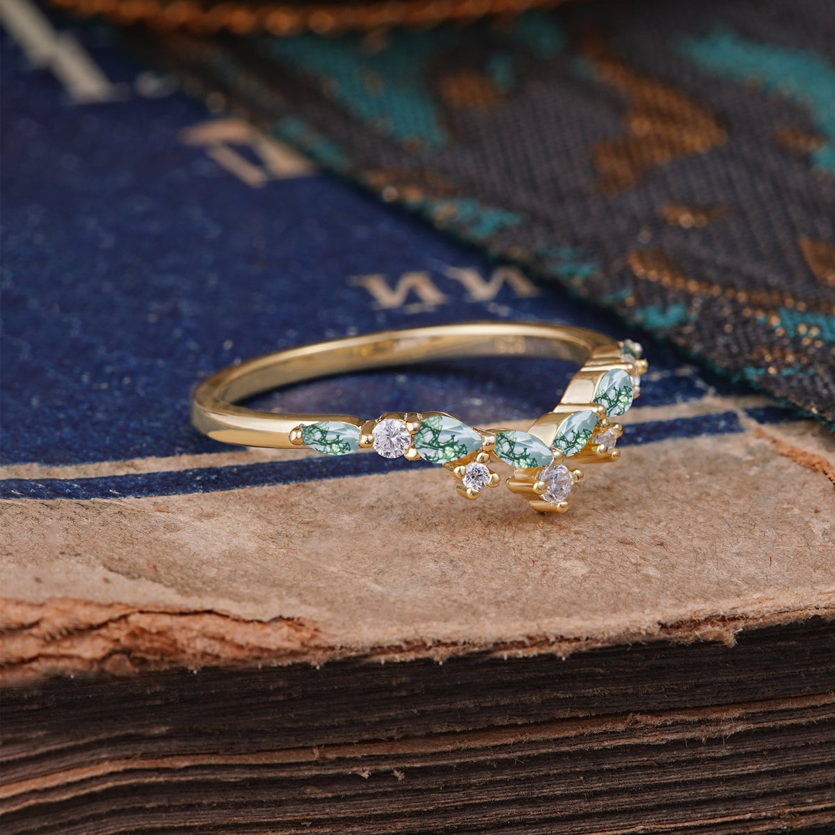 Luxurious Marquise Cut Moss Agate Curved Wedding Ring