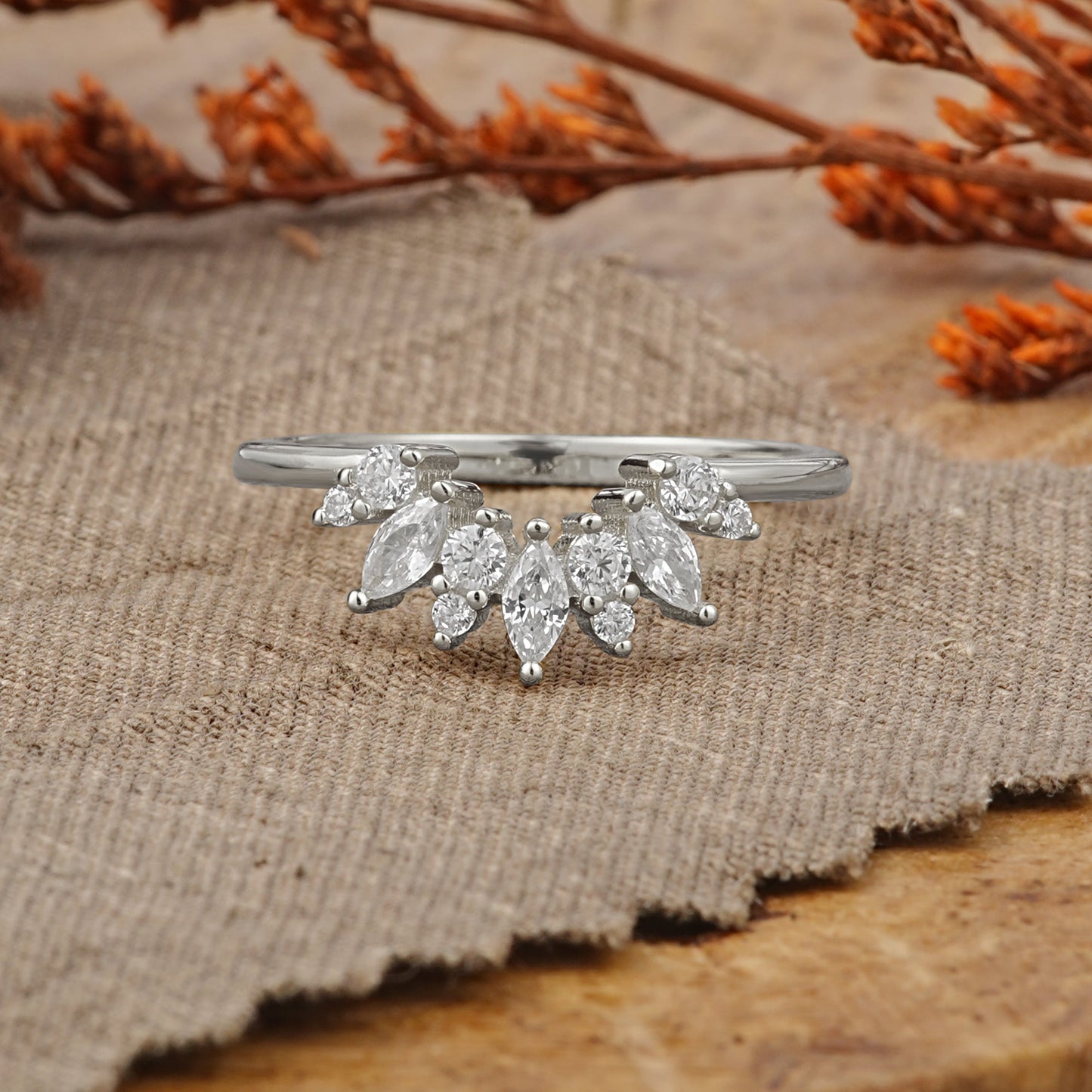 Artistic Vine Marquise Cut Moissanite Curved Wedding Ring