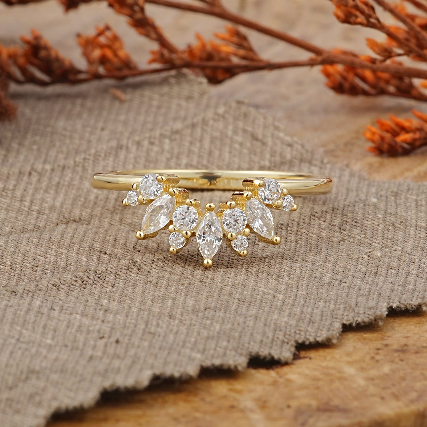 Artistic Vine Marquise Cut Moissanite Curved Wedding Ring