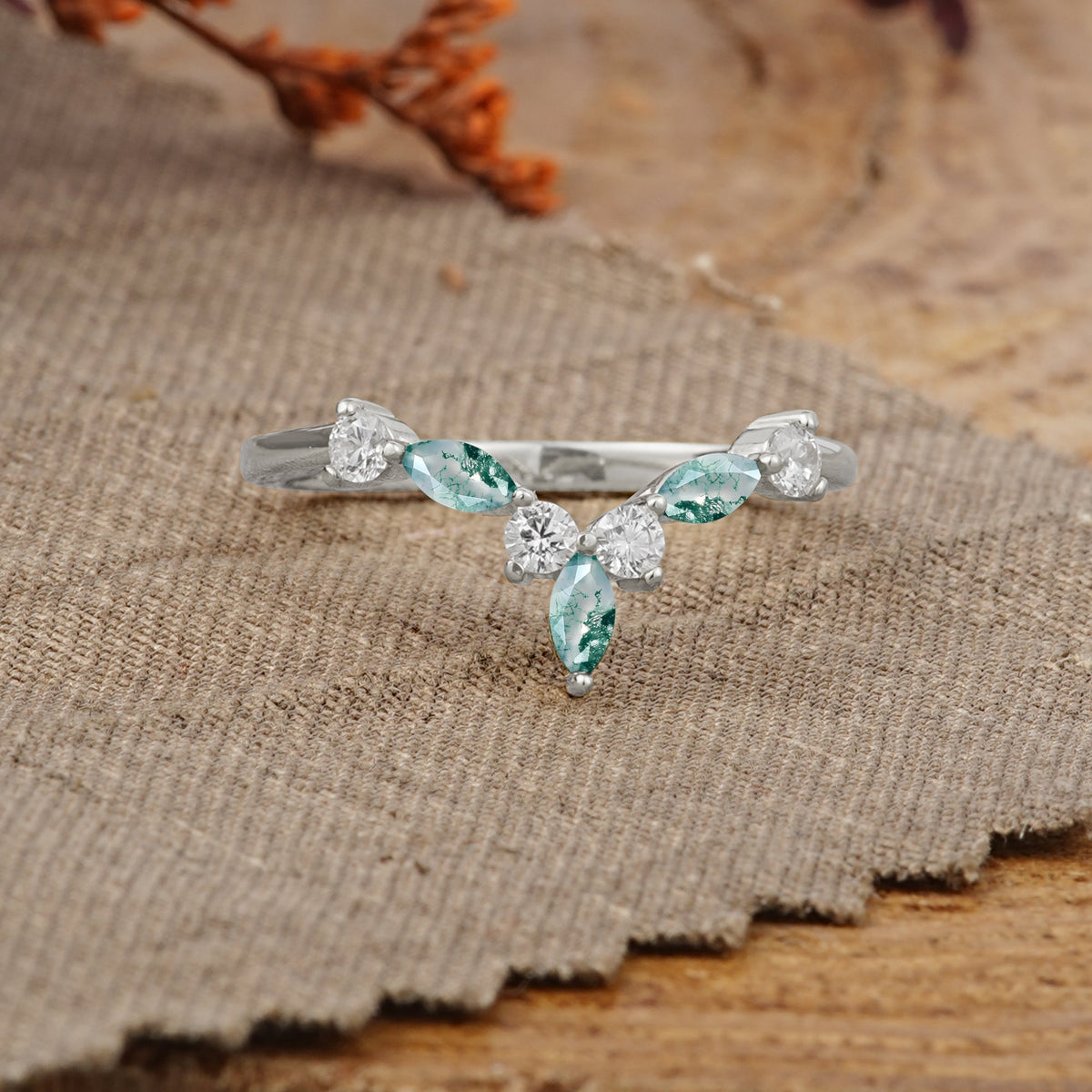 Unique Moss Agate Curved Wedding Ring for Women