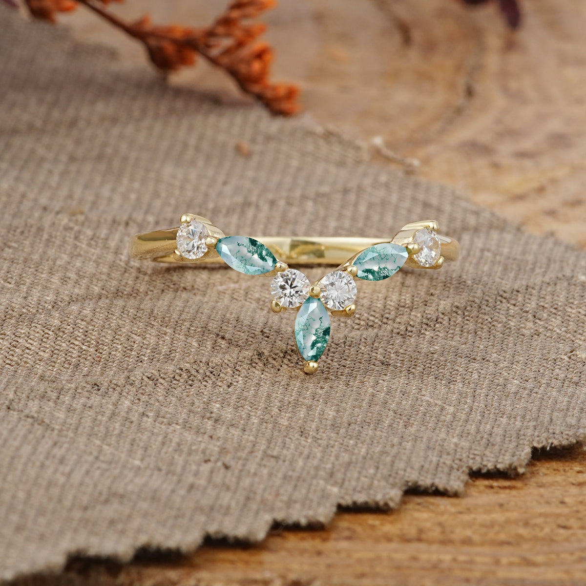 Unique Moss Agate Curved Wedding Ring for Women