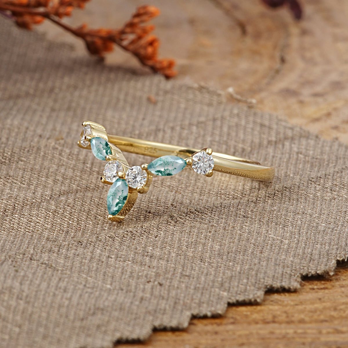 Unique Moss Agate Curved Wedding Ring for Women
