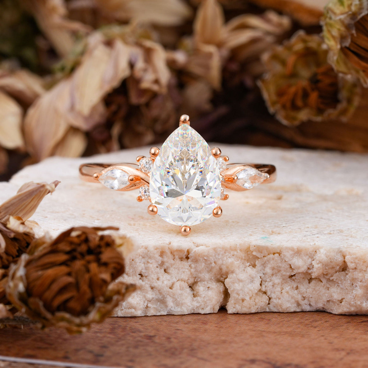 Vintage Pear Cut Moissanite Three Side Stone Engagement Ring with Accents