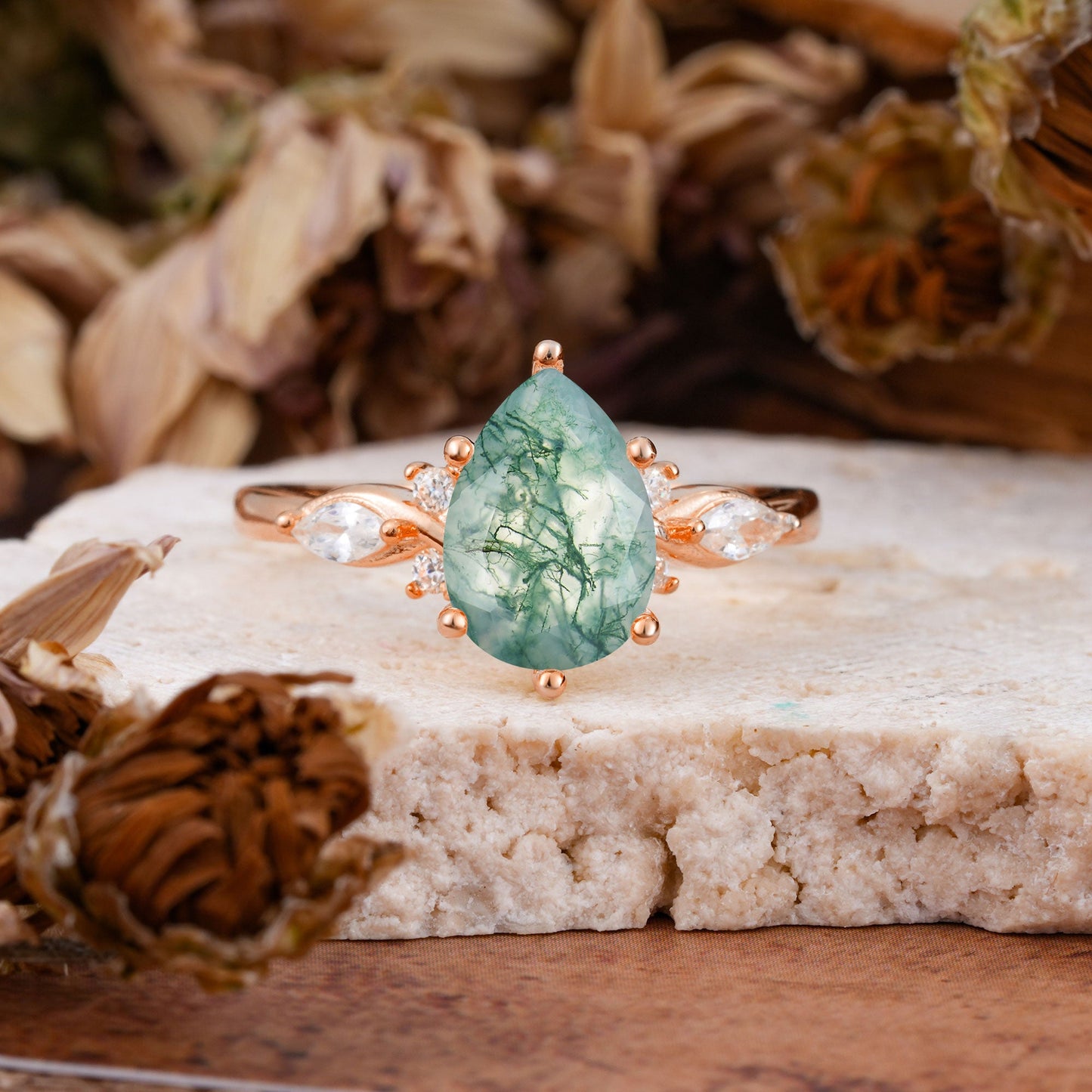 Vintage Pear Cut Moss Agate Three Side Stone Engagement Ring with Accents