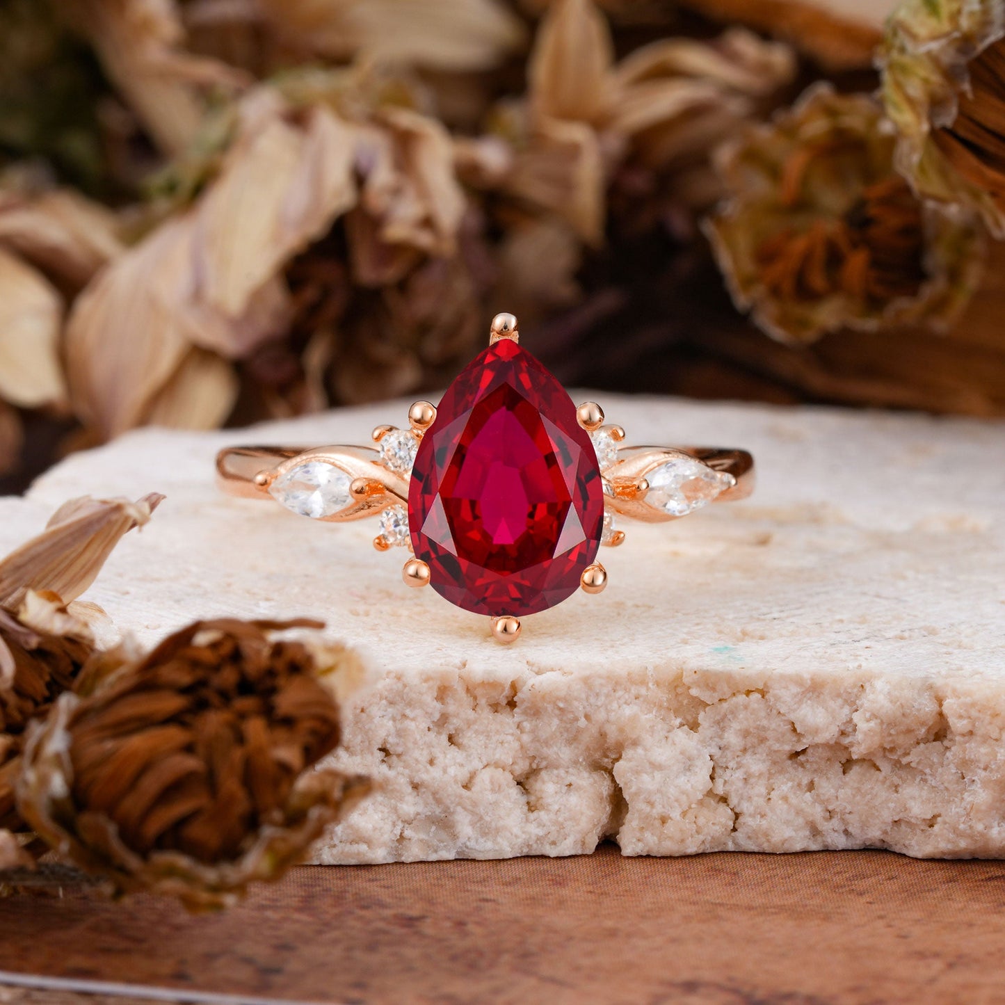 Vintage Pear Cut Ruby Three Side Stone Engagement Ring with Accents