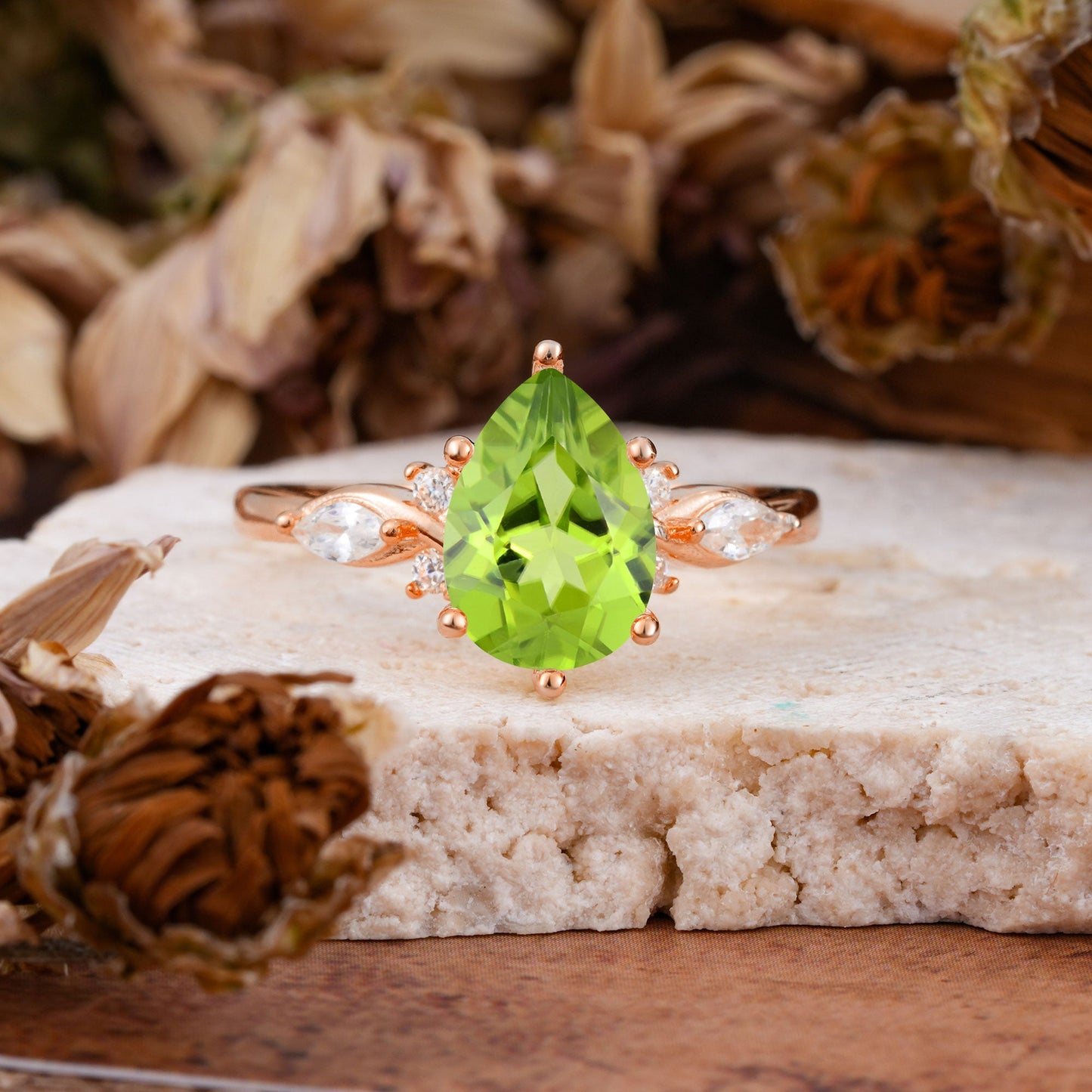 Vintage Pear Cut Peridot Three Side Stone Engagement Ring with Accents