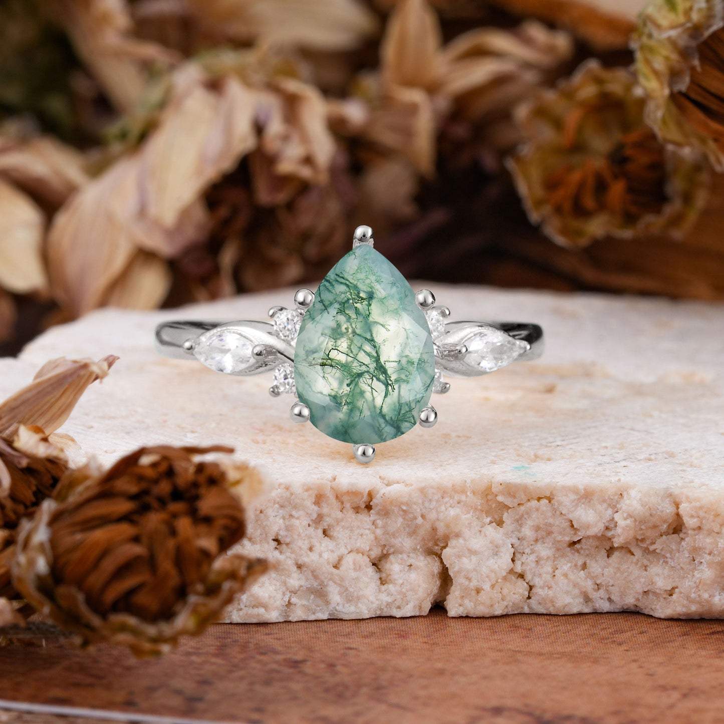 Vintage Pear Cut Moss Agate Three Side Stone Engagement Ring with Accents