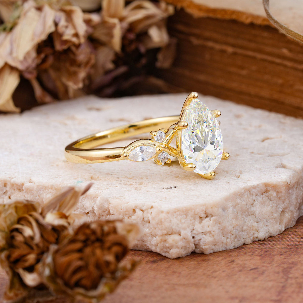 Vintage Pear Cut Moissanite Three Side Stone Engagement Ring with Accents