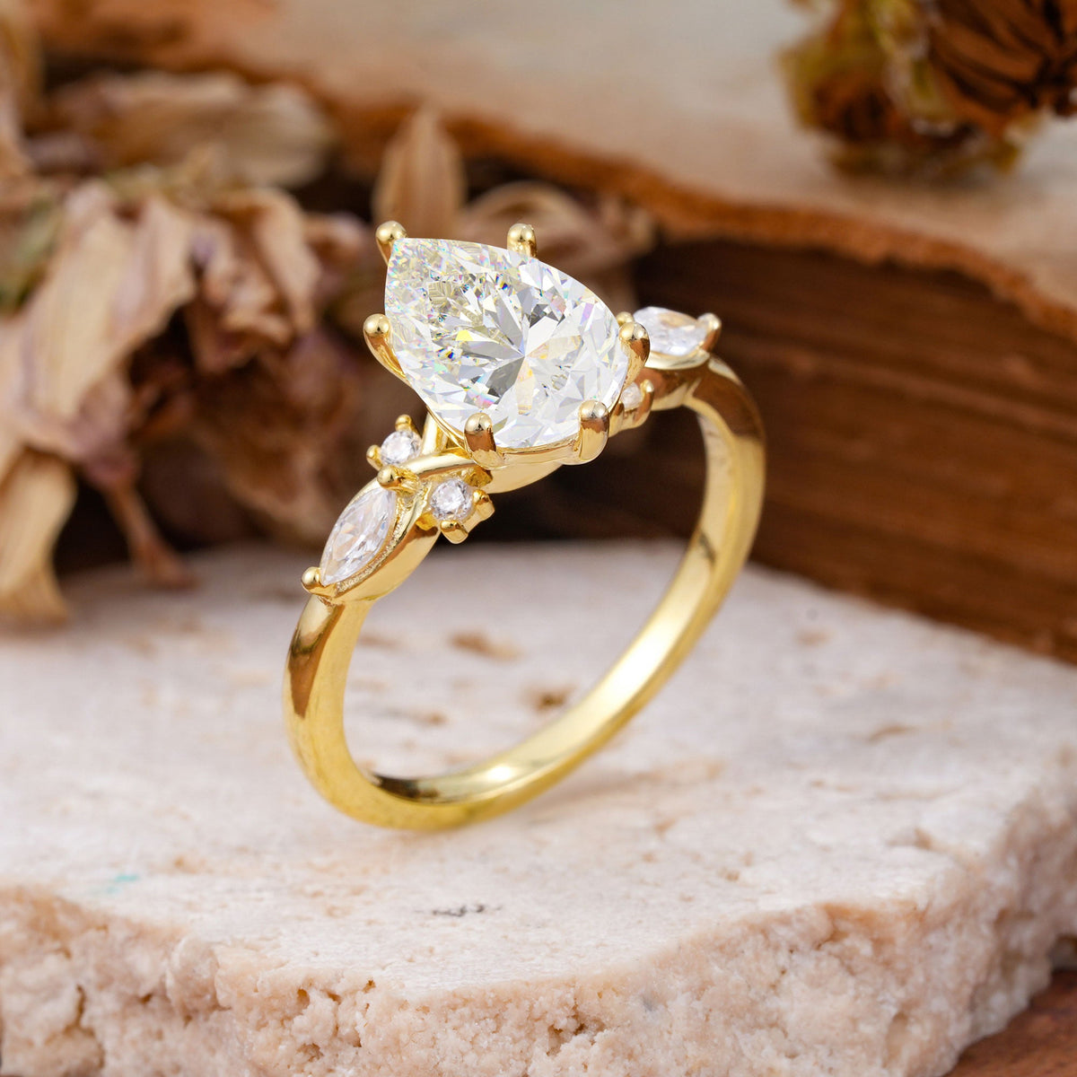 Vintage Pear Cut Moissanite Three Side Stone Engagement Ring with Accents