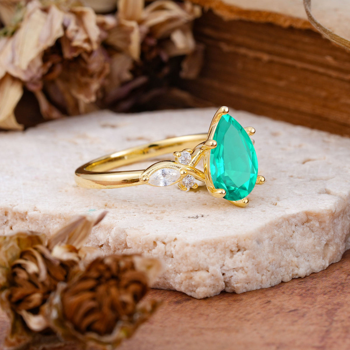 Vintage Pear Cut Emerald Three Side Stone Engagement Ring with Accents