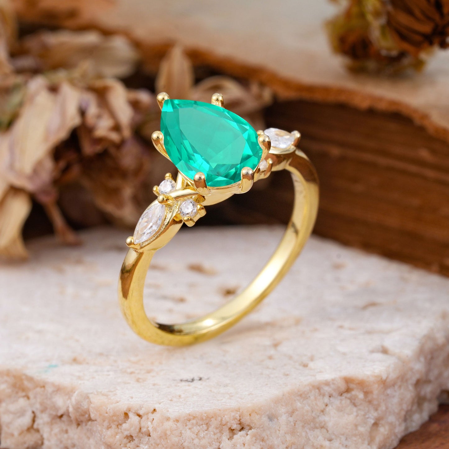 Vintage Pear Cut Emerald Three Side Stone Engagement Ring with Accents