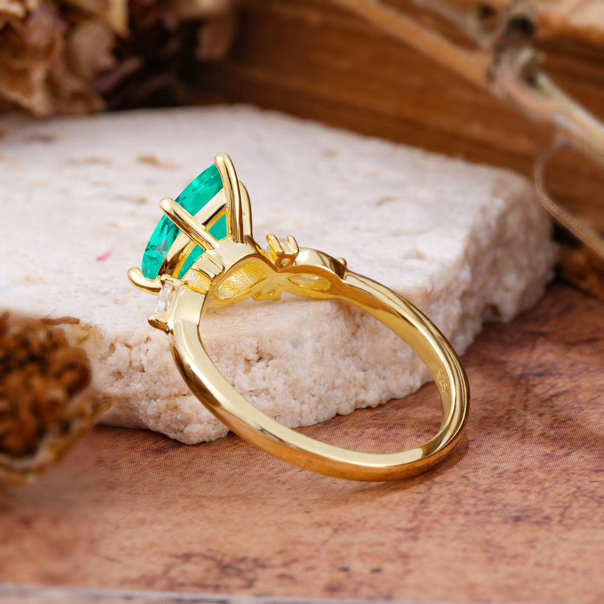 Vintage Pear Cut Emerald Three Side Stone Engagement Ring with Accents