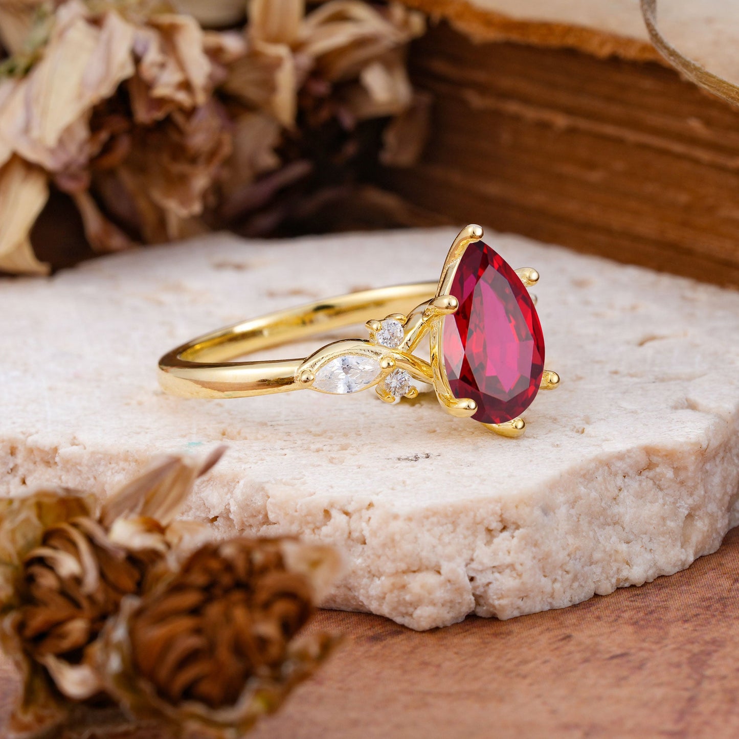Vintage Pear Cut Ruby Three Side Stone Engagement Ring with Accents