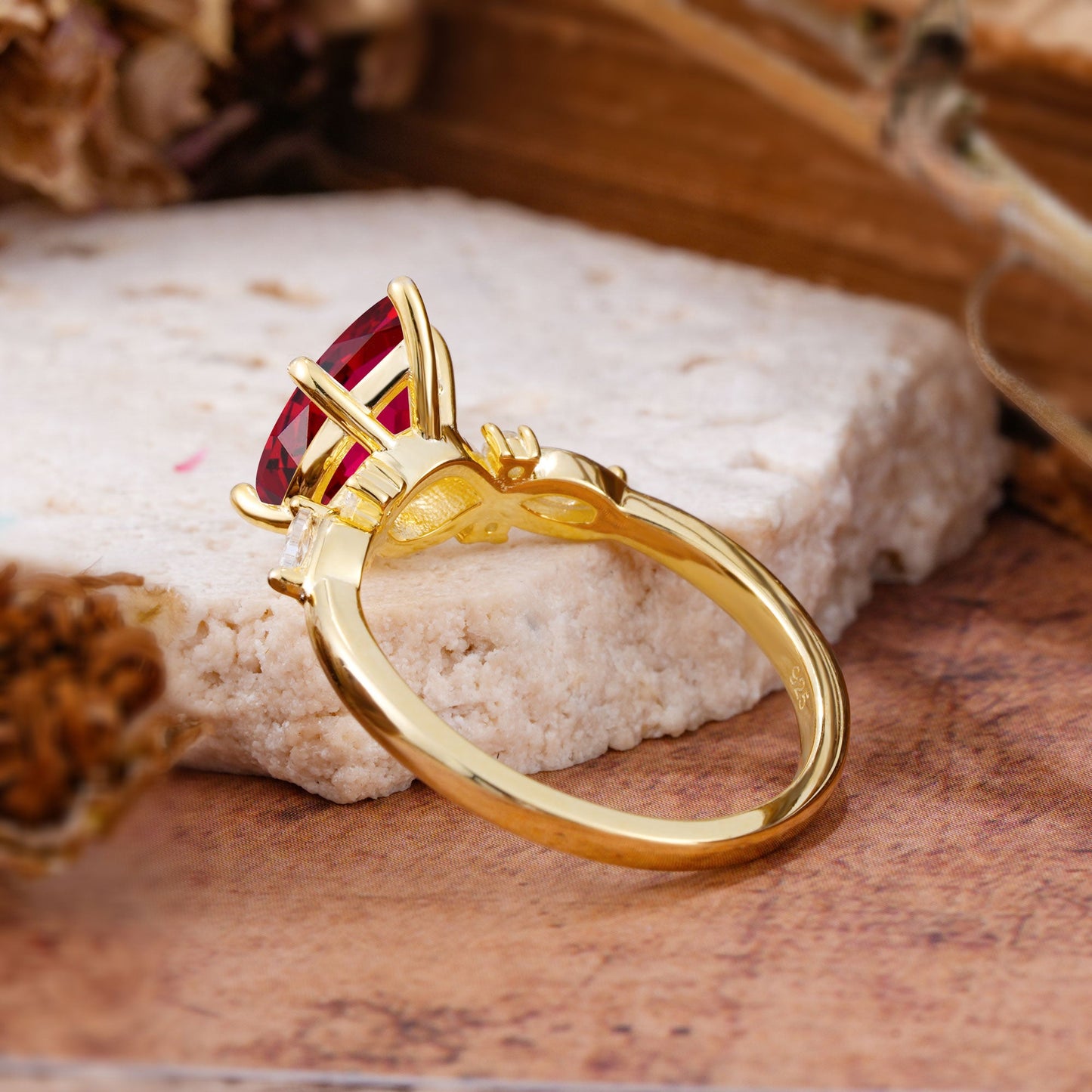 Vintage Pear Cut Ruby Three Side Stone Engagement Ring with Accents