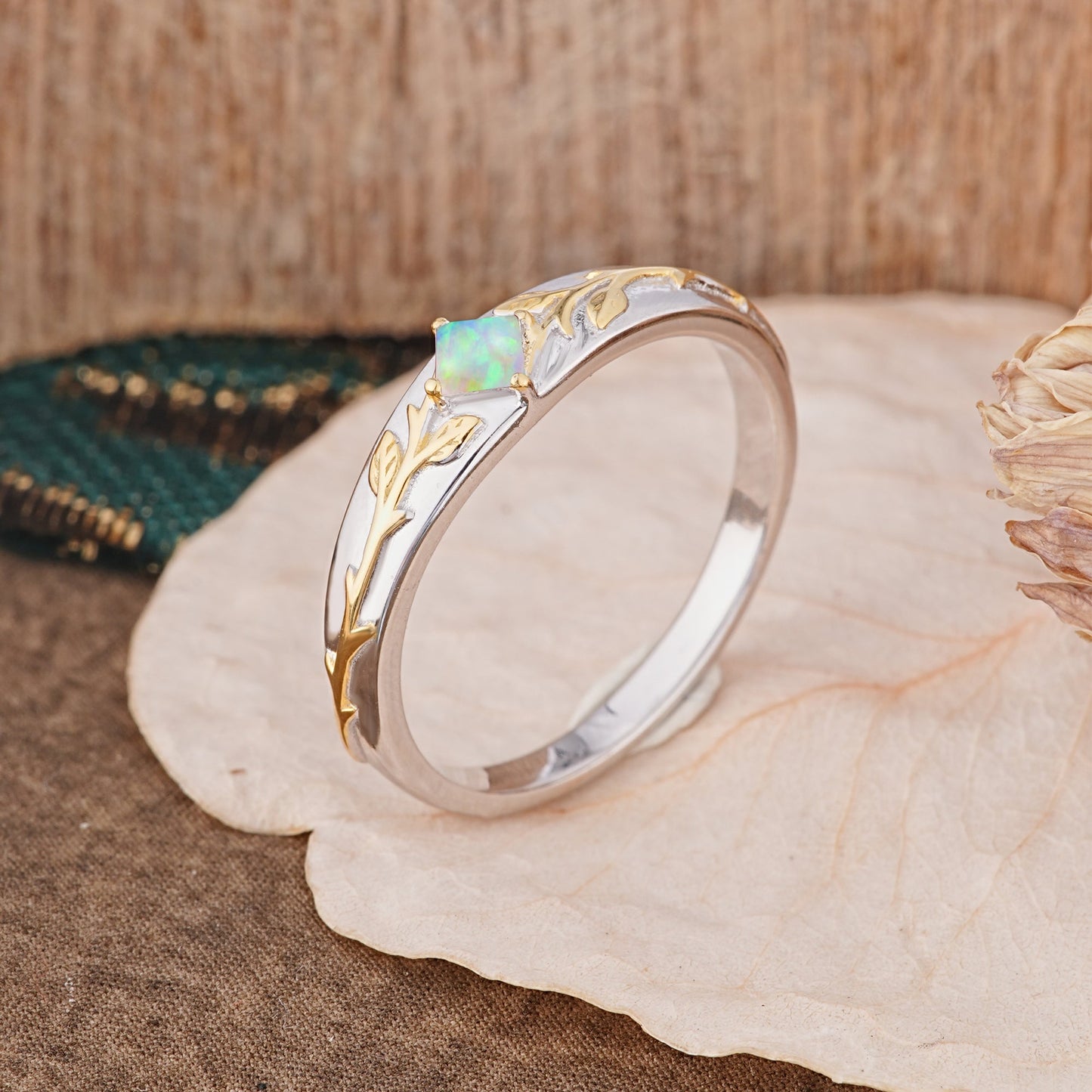 Unique 4 Prong Men's Opal Wedding Ring with Vine Design